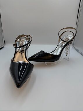 001. Black Patent Pointed Slingback Heels with Clear and silver heel